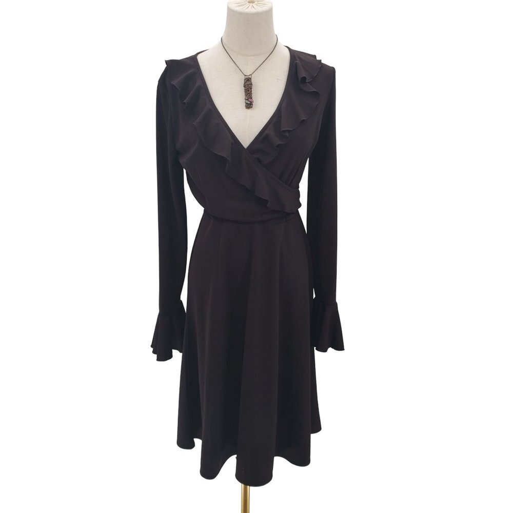 Express Womens Long Bell Sleeve Surplice Ruffle Dress Sz 5/6 Brown Midi‎ V-Neck